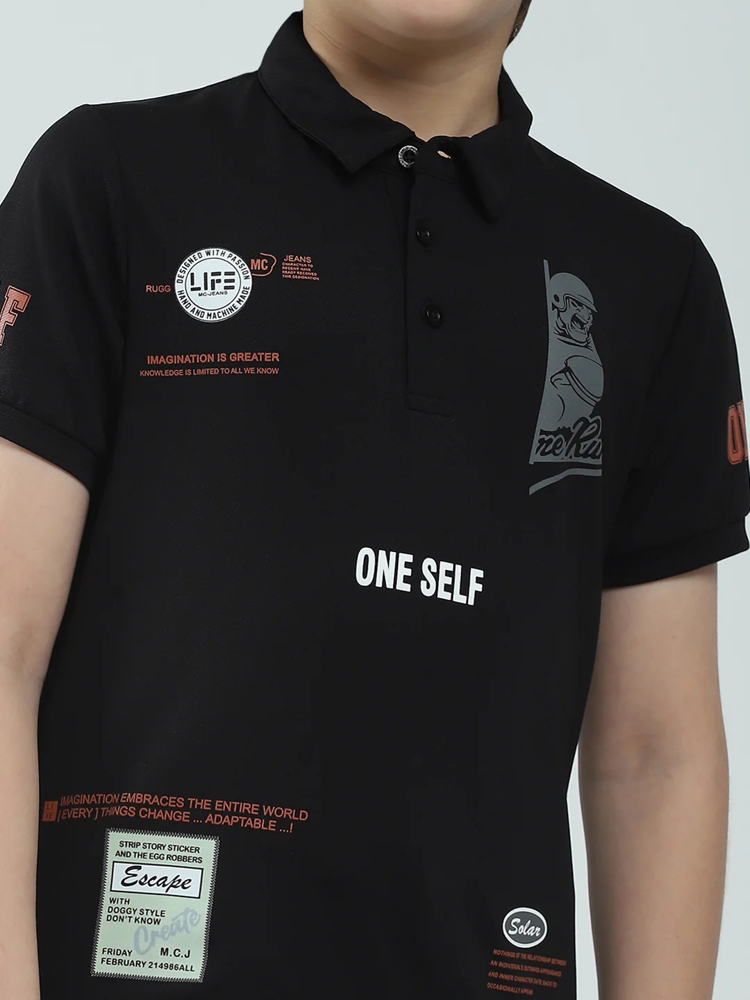 Boys Black Printed Collar Half Sleeve T-Shirt - Image 6