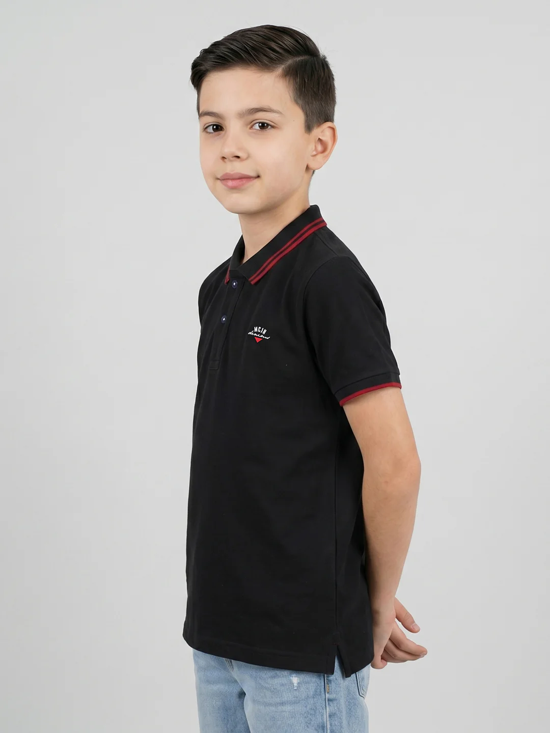 Boys Black Printed Collar Half Sleeve T-Shirt - Image 3