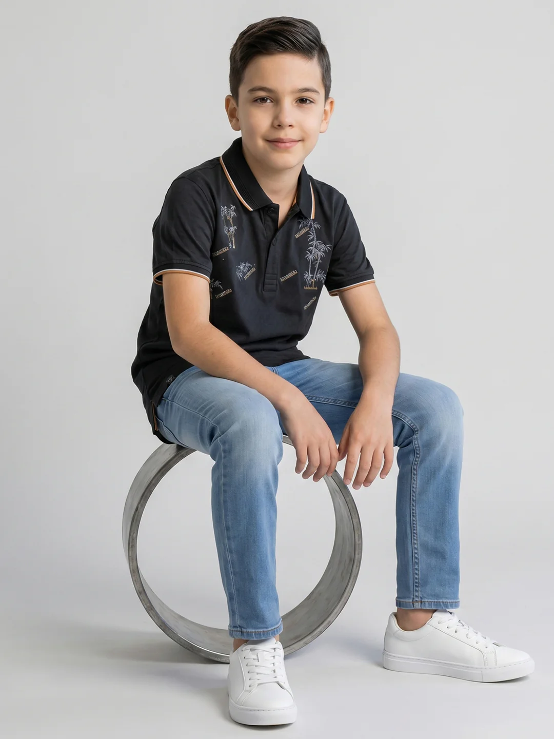 Boys Black Printed Collar Half Sleeve T-Shirt - Image 5