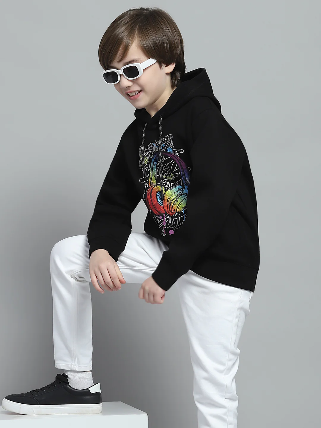 Boys Black Printed Hooded Full Sleeve Sweatshirt - Image 6