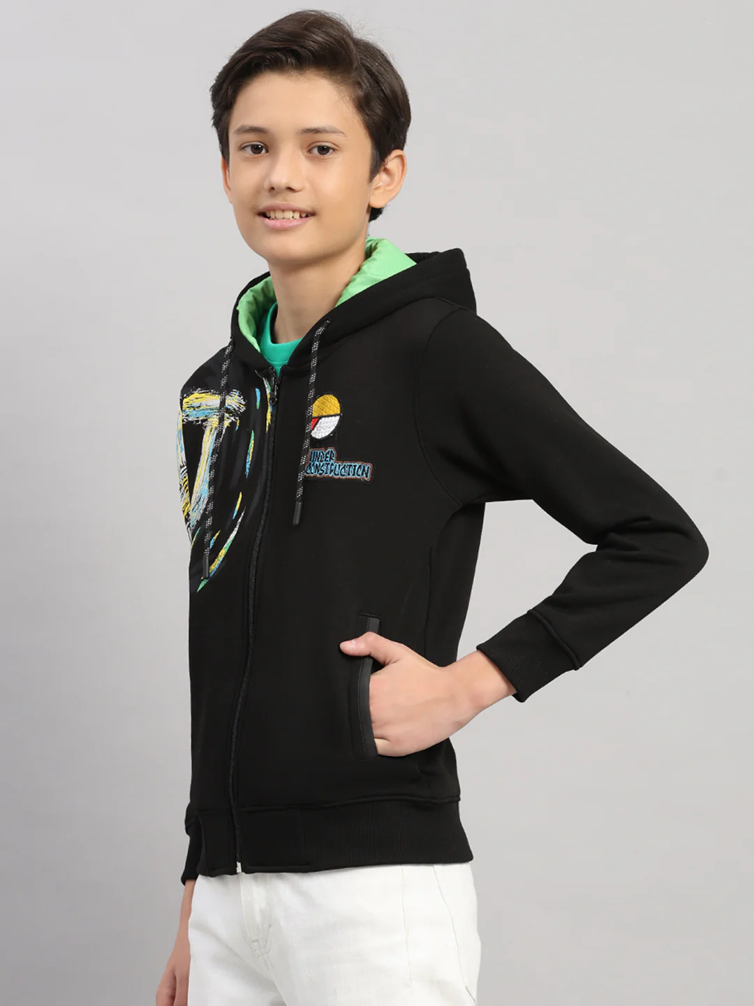 Boys Black Printed Hooded Full Sleeve Sweatshirt - Image 3