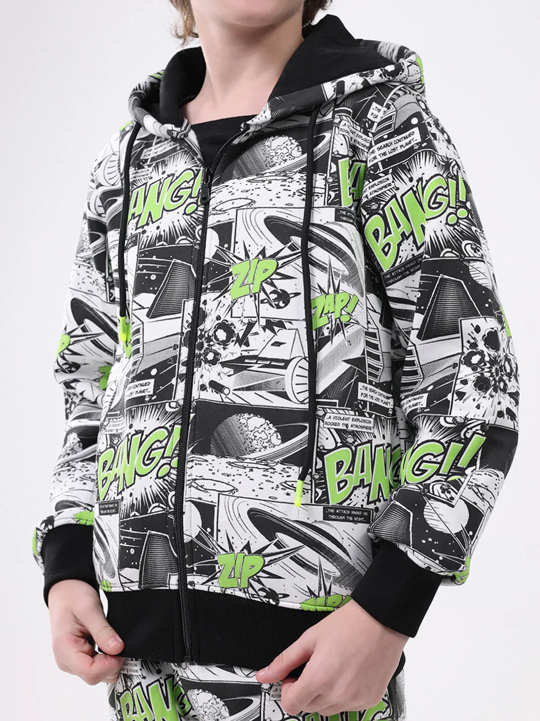 Boys Black Printed Hooded Full Sleeve Winter Tracksuit - Image 7