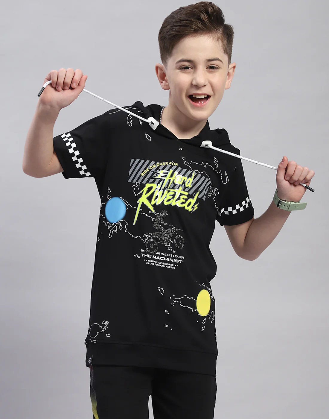 Boys Black Printed Hooded Half Sleeve T-Shirt - Image 7