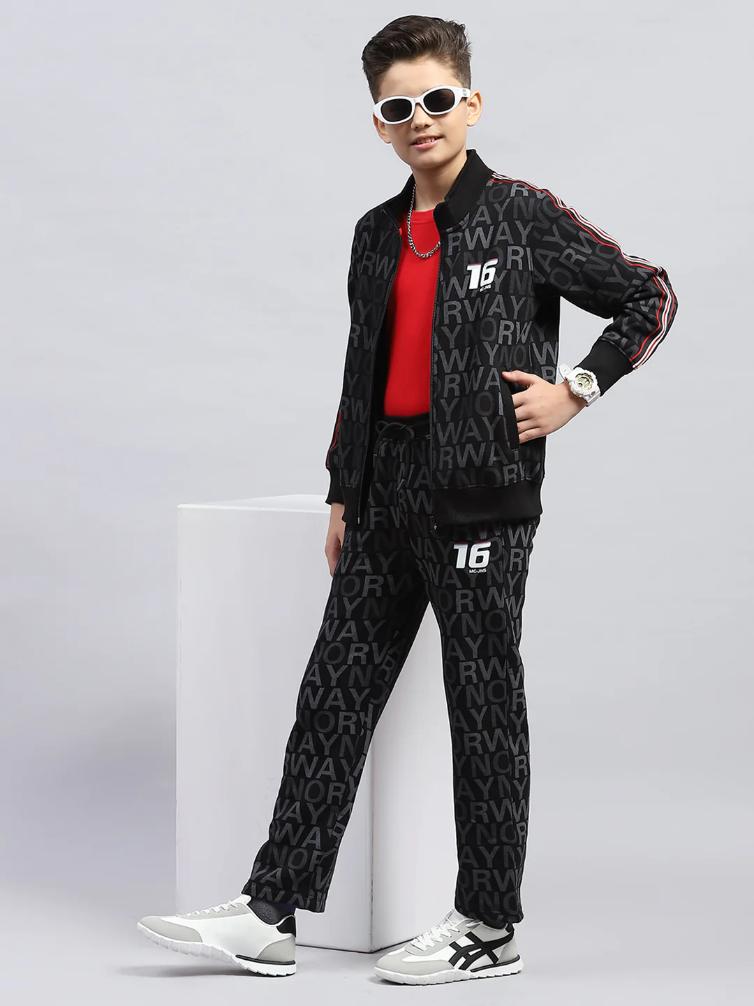 Boys Black Printed Mock Neck Full Sleeve Winter Tracksuit - Image 2