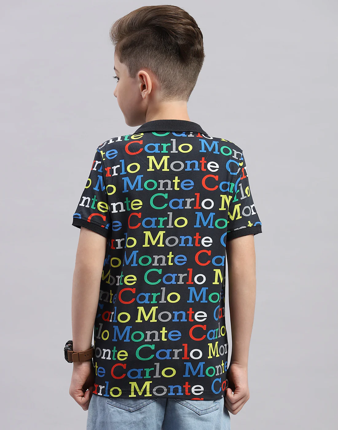 Boys Black Printed Polo Collar Half Sleeve T-Shirt - Image 5