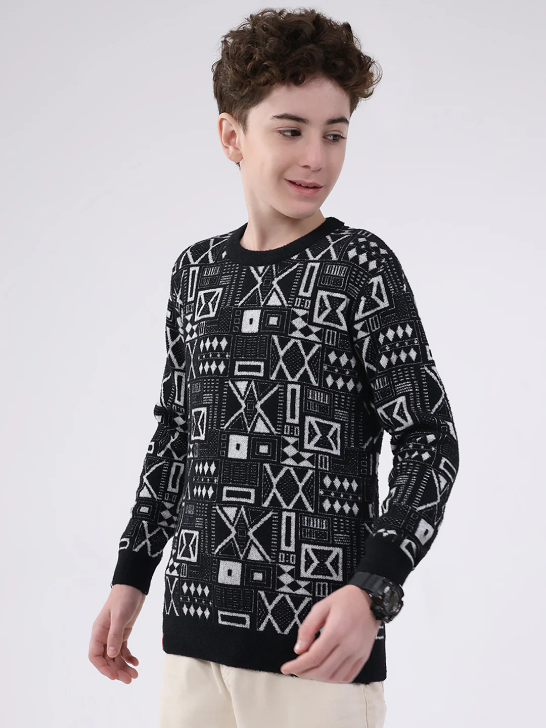 Boys Black Printed Round Neck Full Sleeve Pullover - Image 3