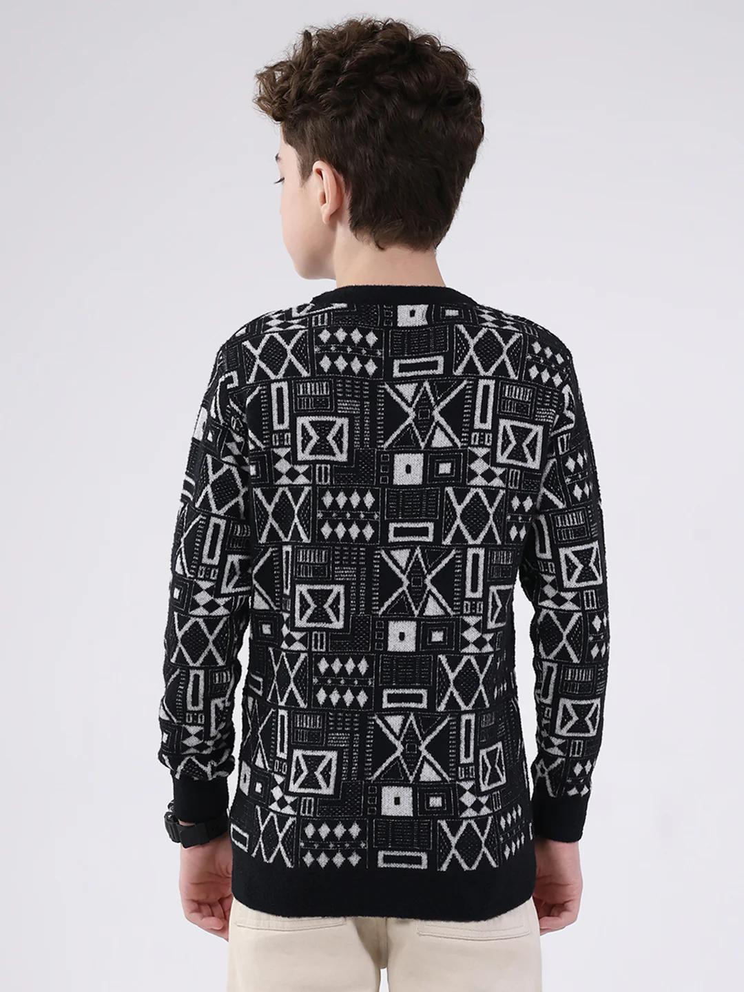 Boys Black Printed Round Neck Full Sleeve Pullover - Image 5