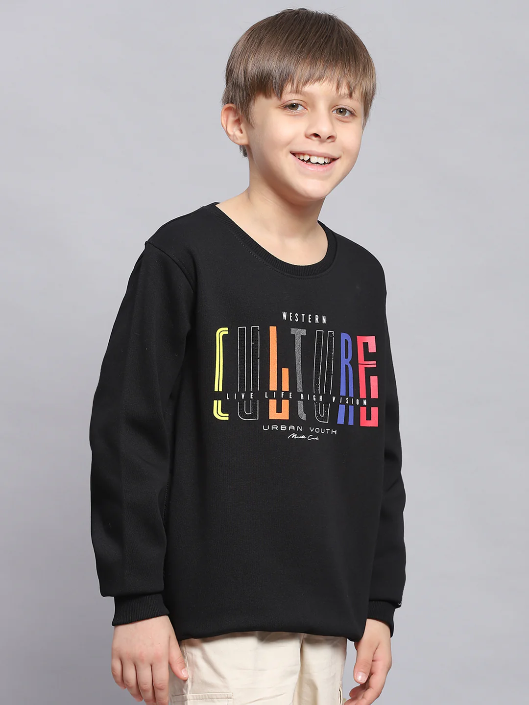Boys Black Printed Round Neck Full Sleeve Sweatshirt - Image 4