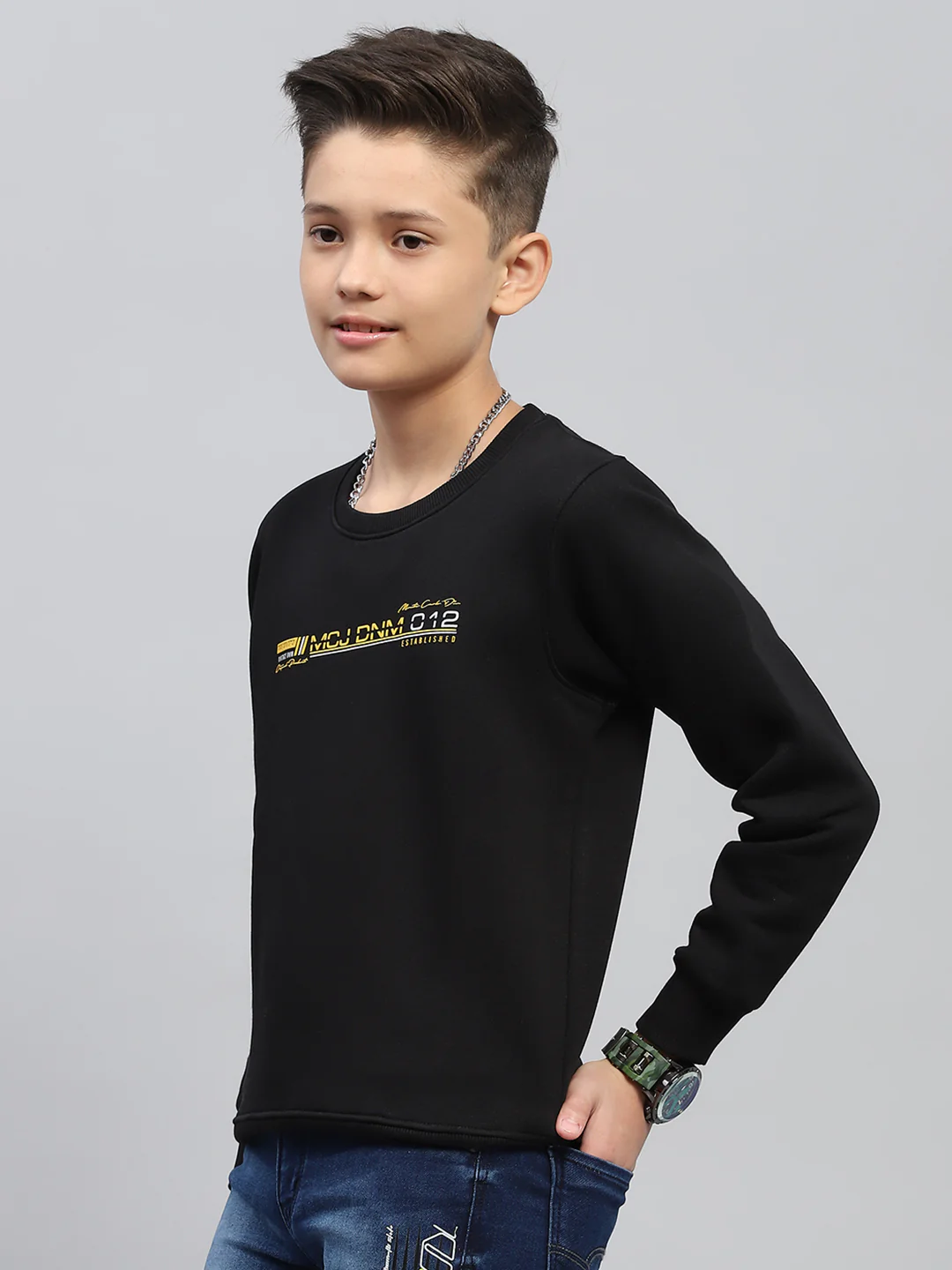 Boys Black Printed Round Neck Full Sleeve Sweatshirt - Image 3