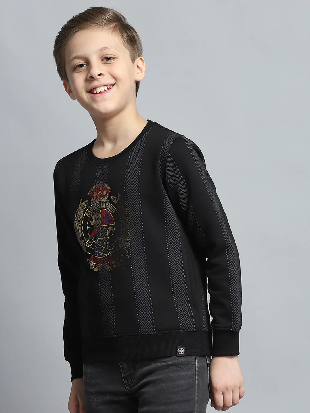 Boys Black Printed Round Neck Full Sleeve Sweatshirt - Image 3