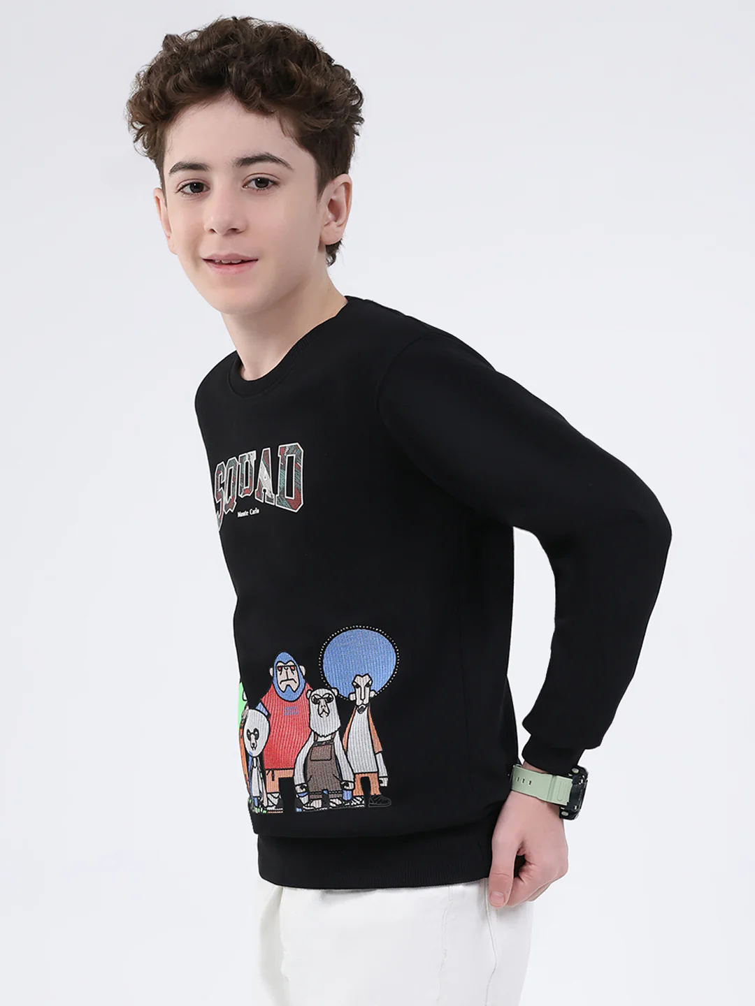 Boys Black Printed Round Neck Full Sleeve Sweatshirt - Image 3