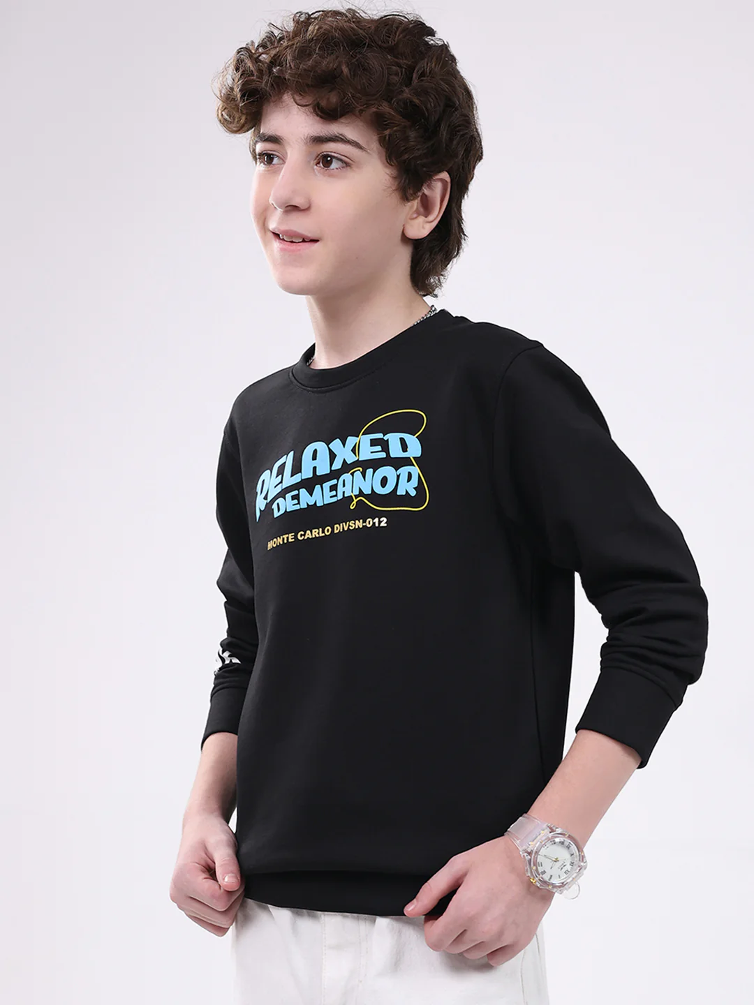 Boys Black Printed Round Neck Full Sleeve Sweatshirt - Image 3
