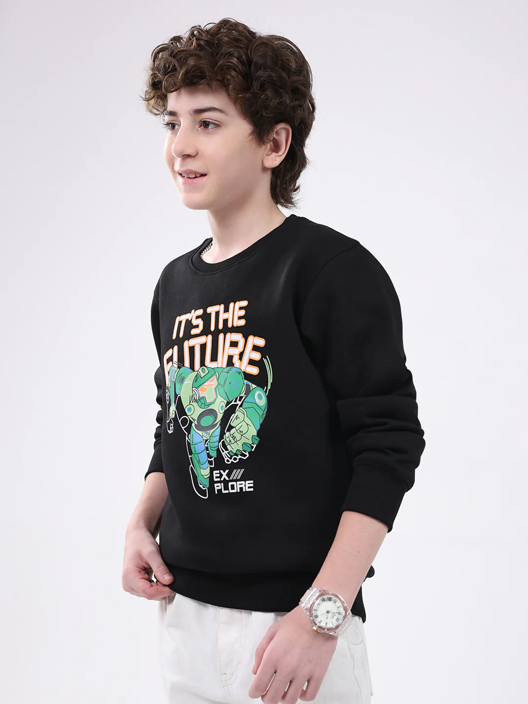 Boys Black Printed Round Neck Full Sleeve Sweatshirt - Image 3