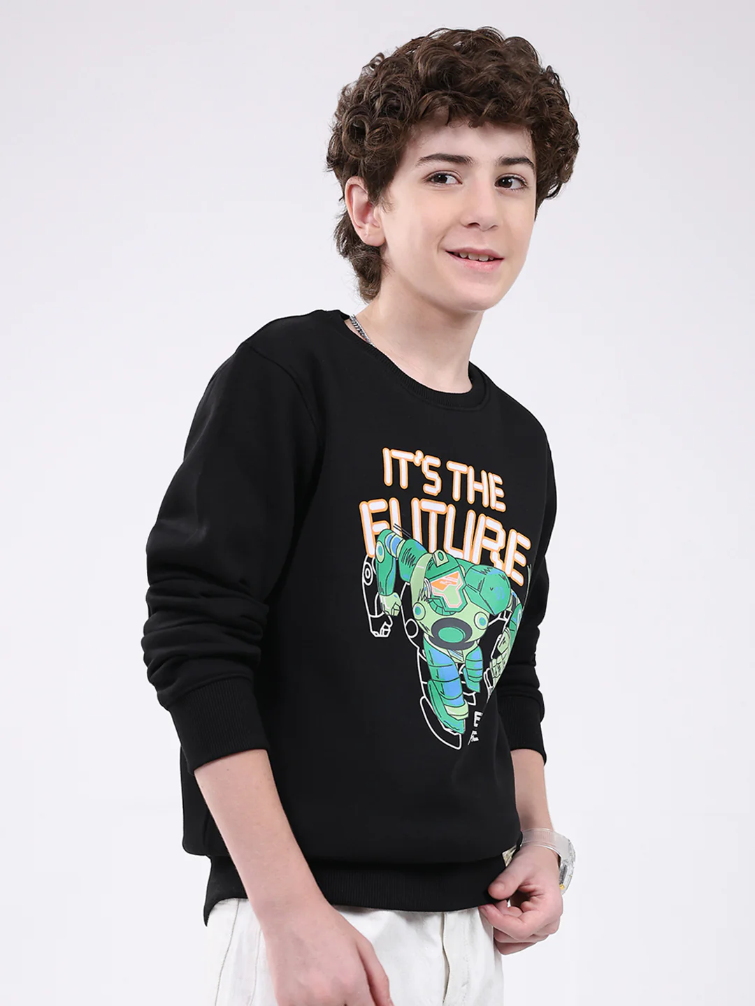 Boys Black Printed Round Neck Full Sleeve Sweatshirt - Image 4