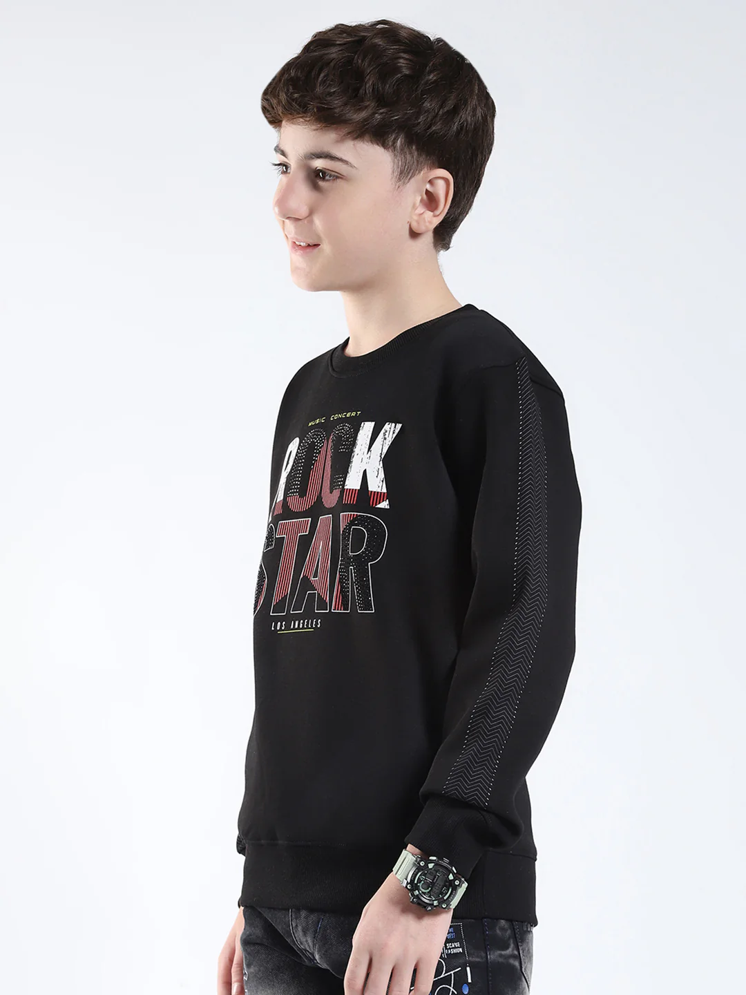 Boys Black Printed Round Neck Full Sleeve Sweatshirt - Image 3