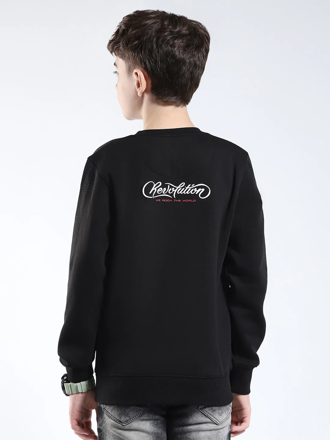 Boys Black Printed Round Neck Full Sleeve Sweatshirt - Image 5