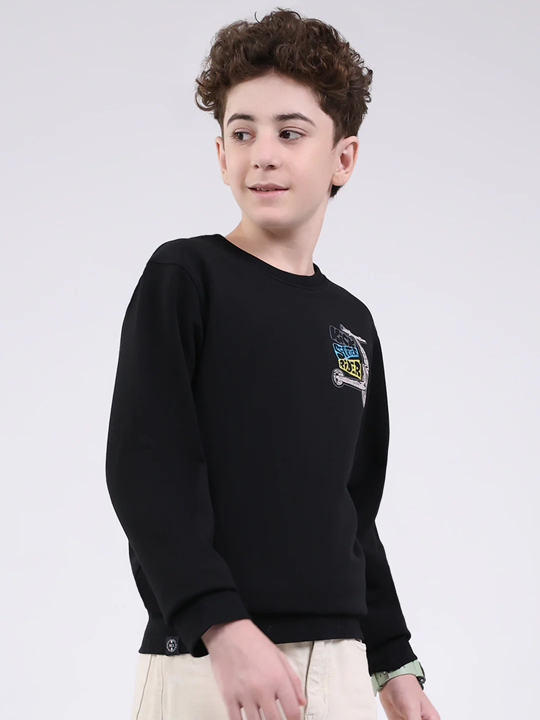 Boys Black Printed Round Neck Full Sleeve Sweatshirt - Image 4