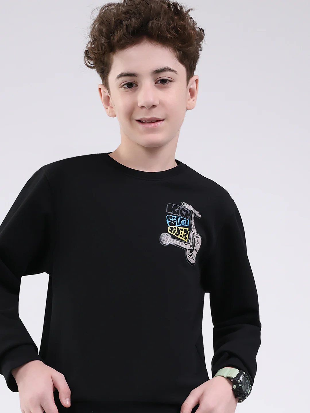 Boys Black Printed Round Neck Full Sleeve Sweatshirt - Image 7
