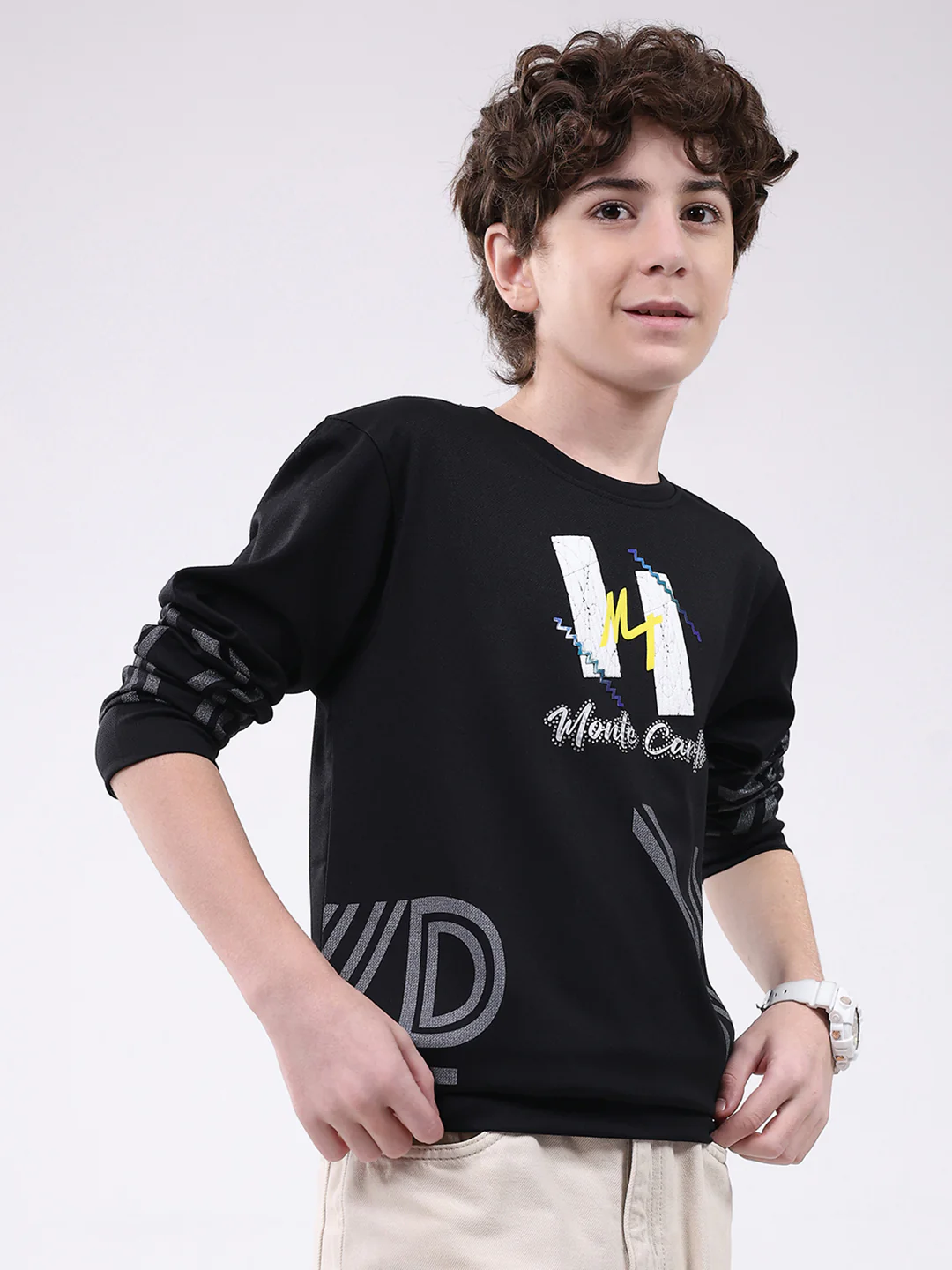Boys Black Printed Round Neck Full Sleeve Winter T-Shirt - Image 4