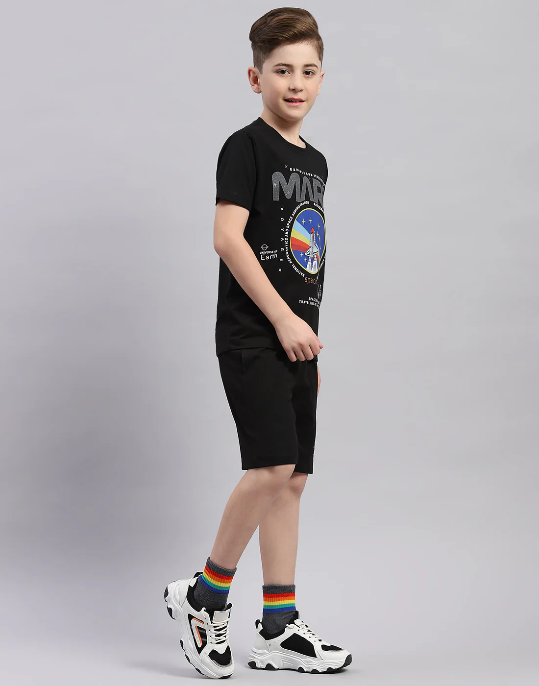 Boys Black Printed Round Neck Half Sleeve Bermuda Set - Image 4