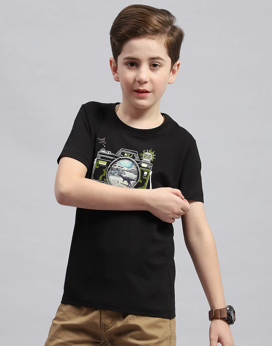 Boys Black Printed Round Neck Half Sleeve T-Shirt - Image 2
