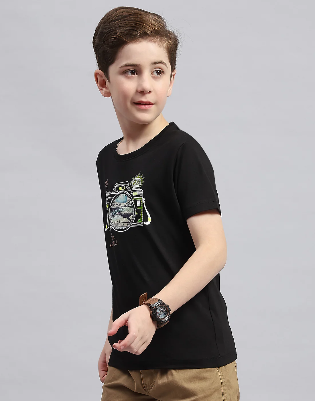 Boys Black Printed Round Neck Half Sleeve T-Shirt - Image 3