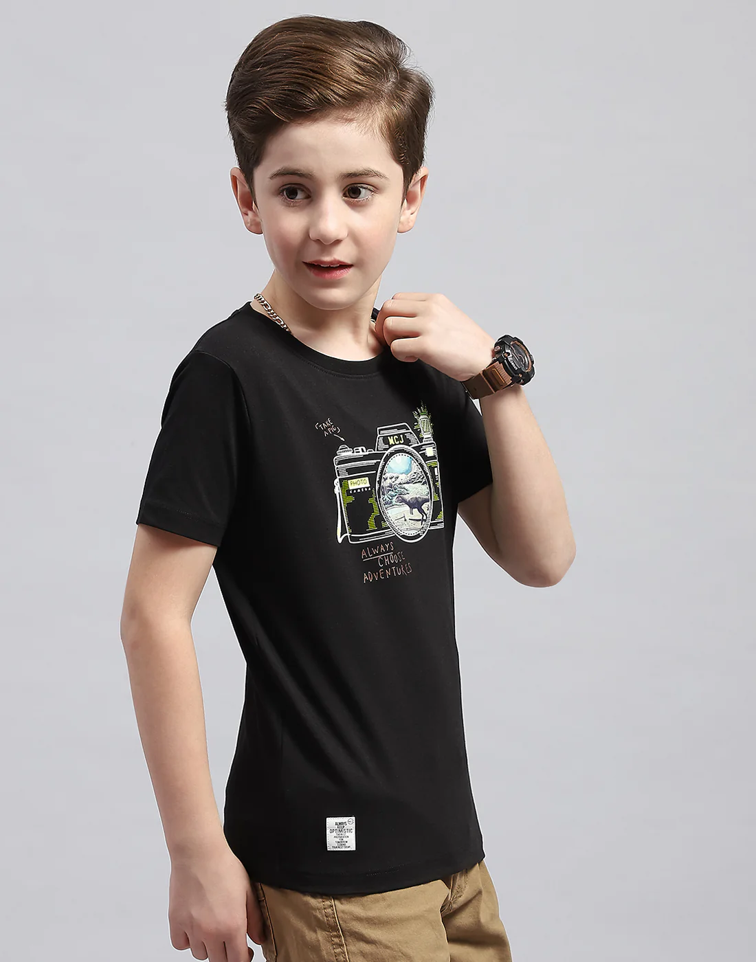 Boys Black Printed Round Neck Half Sleeve T-Shirt - Image 4