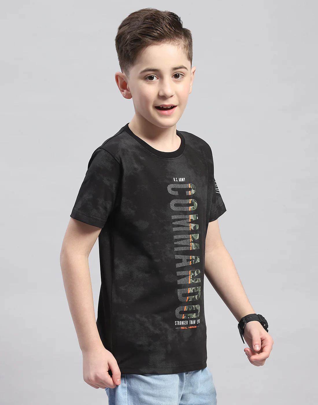 Boys Black Printed Round Neck Half Sleeve T-Shirt - Image 4