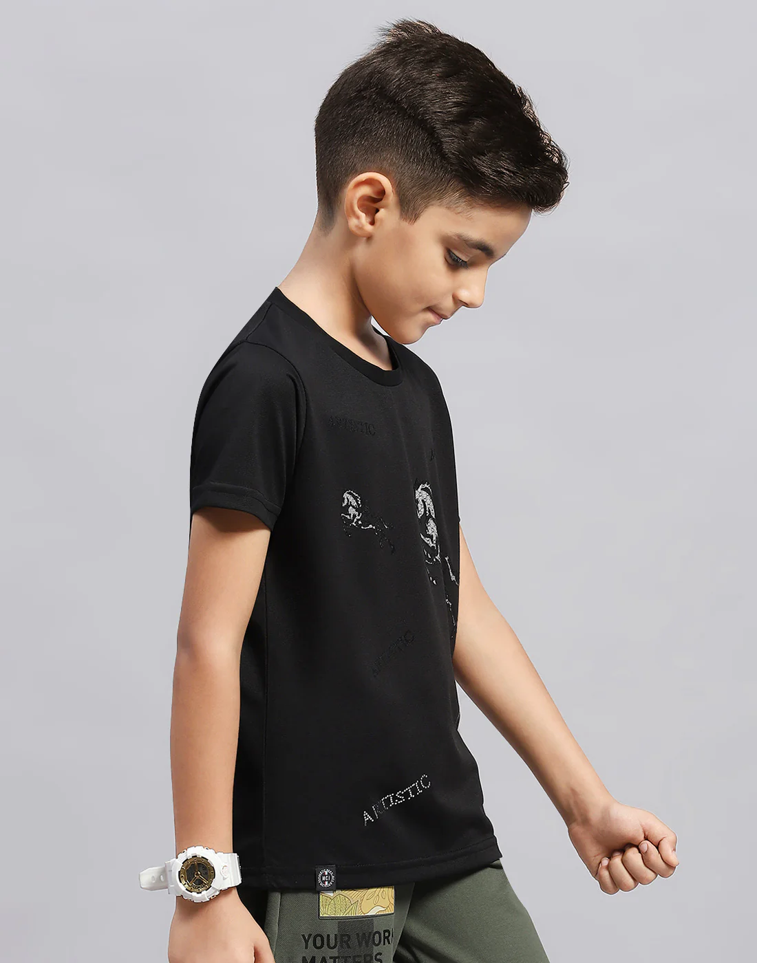 Boys Black Printed Round Neck Half Sleeve T-Shirt - Image 4