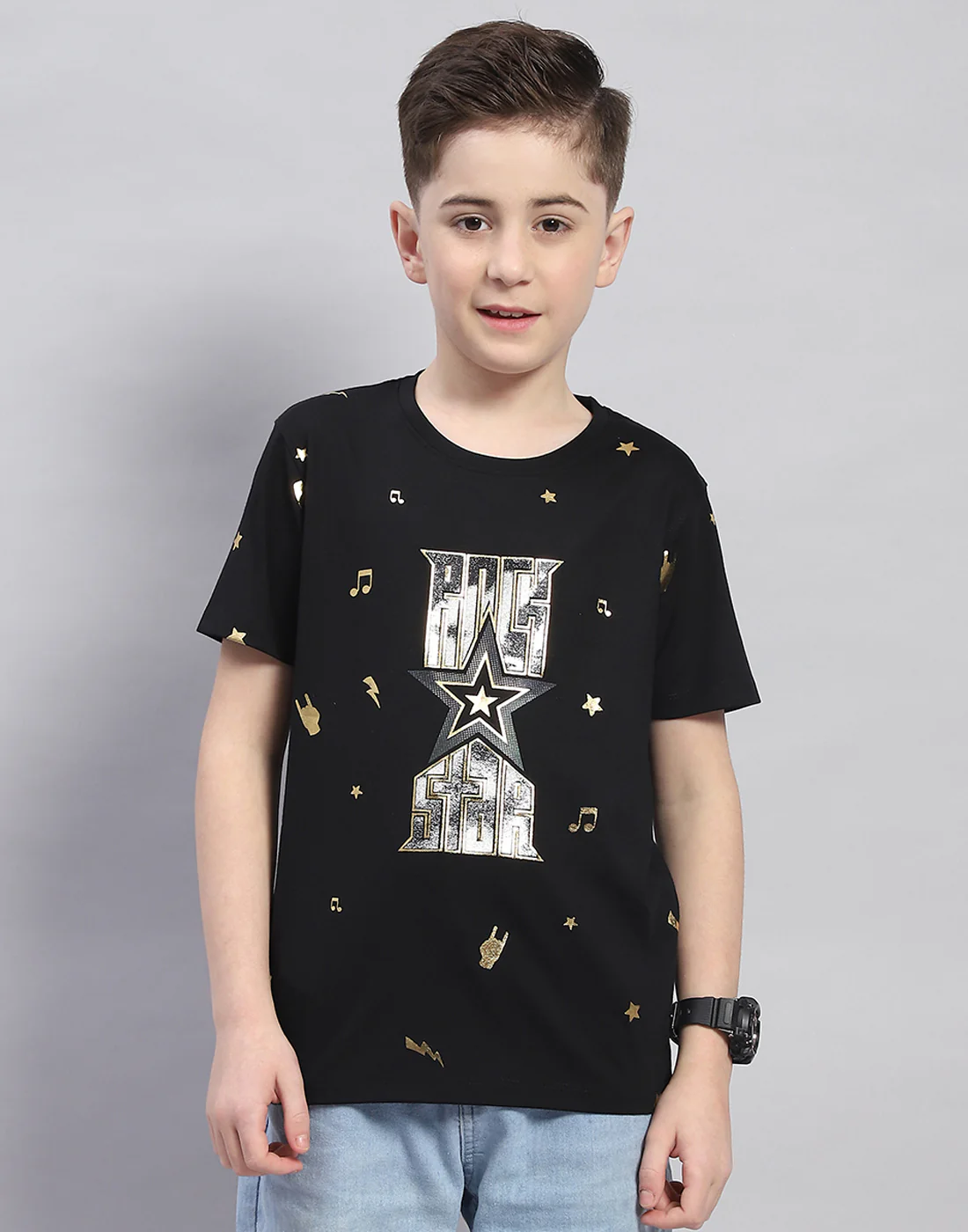 Boys Black Printed Round Neck Half Sleeve T-Shirt - Image 2