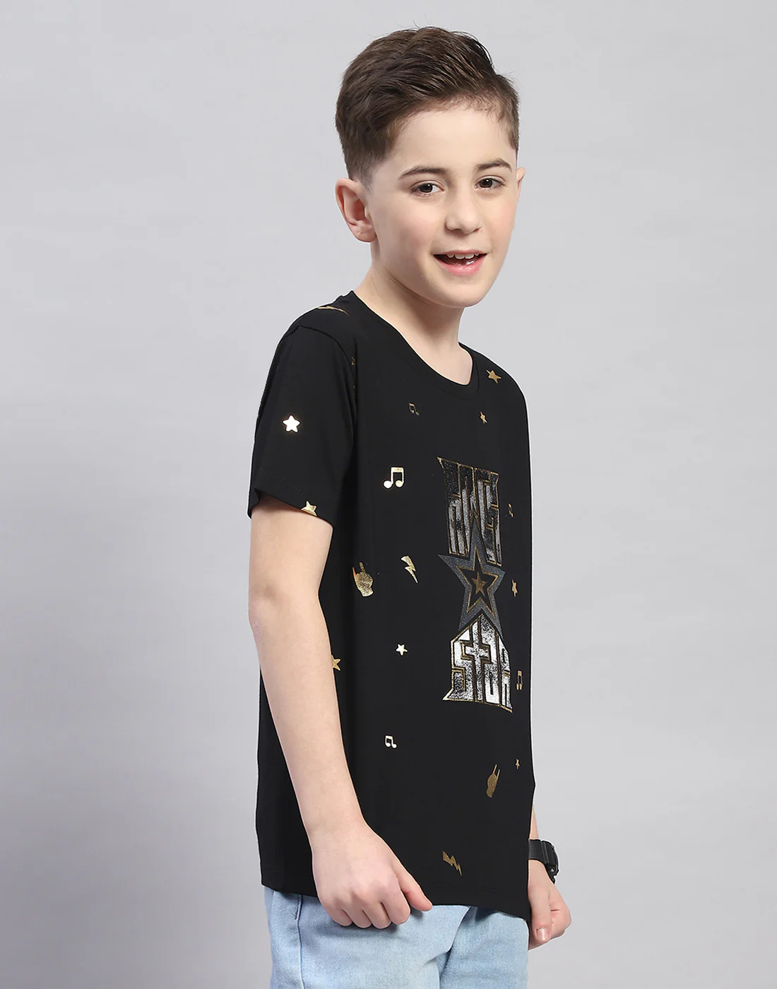 Boys Black Printed Round Neck Half Sleeve T-Shirt - Image 4