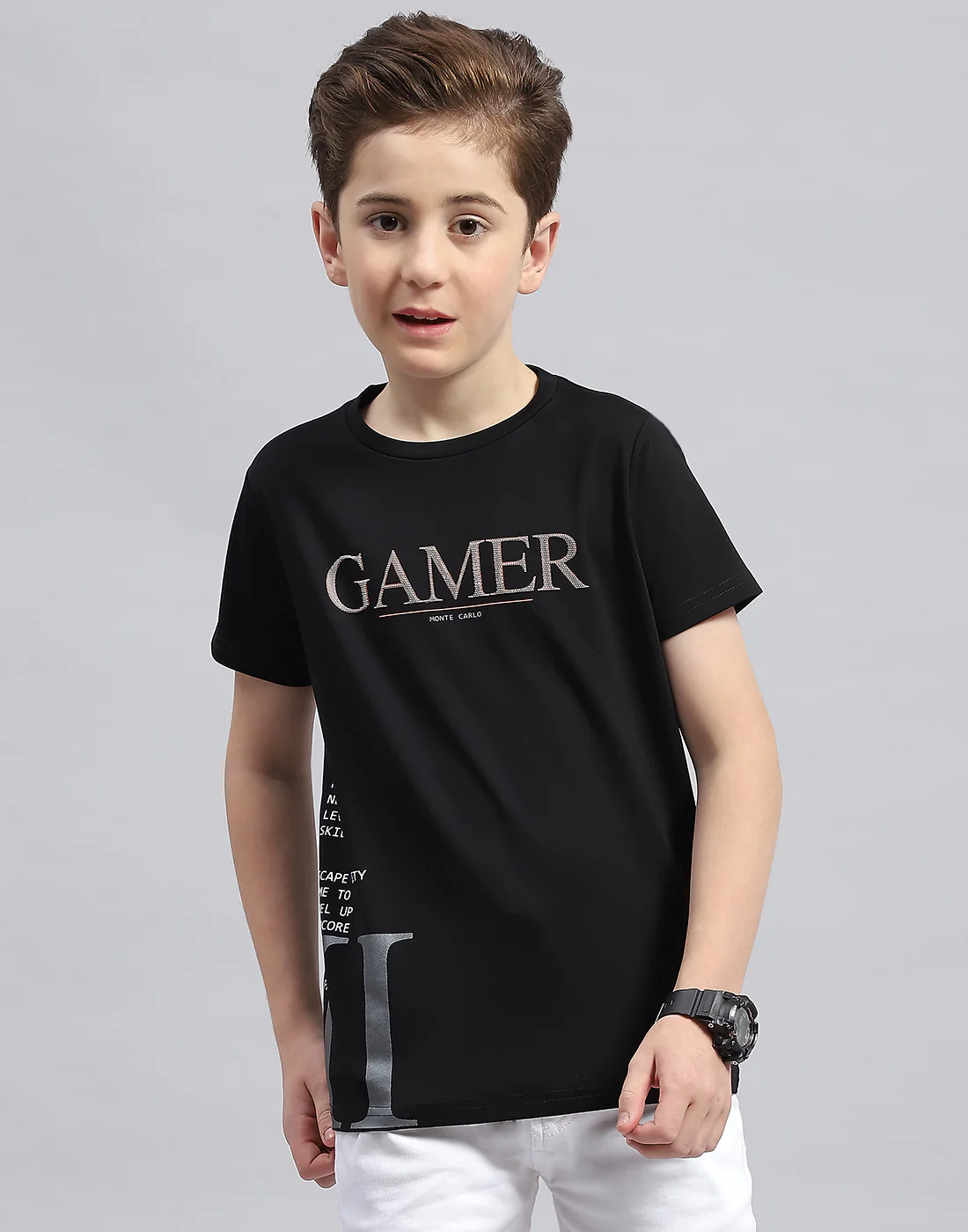 Boys Black Printed Round Neck Half Sleeve T-Shirt - Image 2