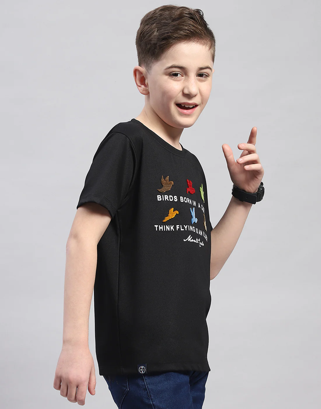 Boys Black Printed Round Neck Half Sleeve T-Shirt - Image 4