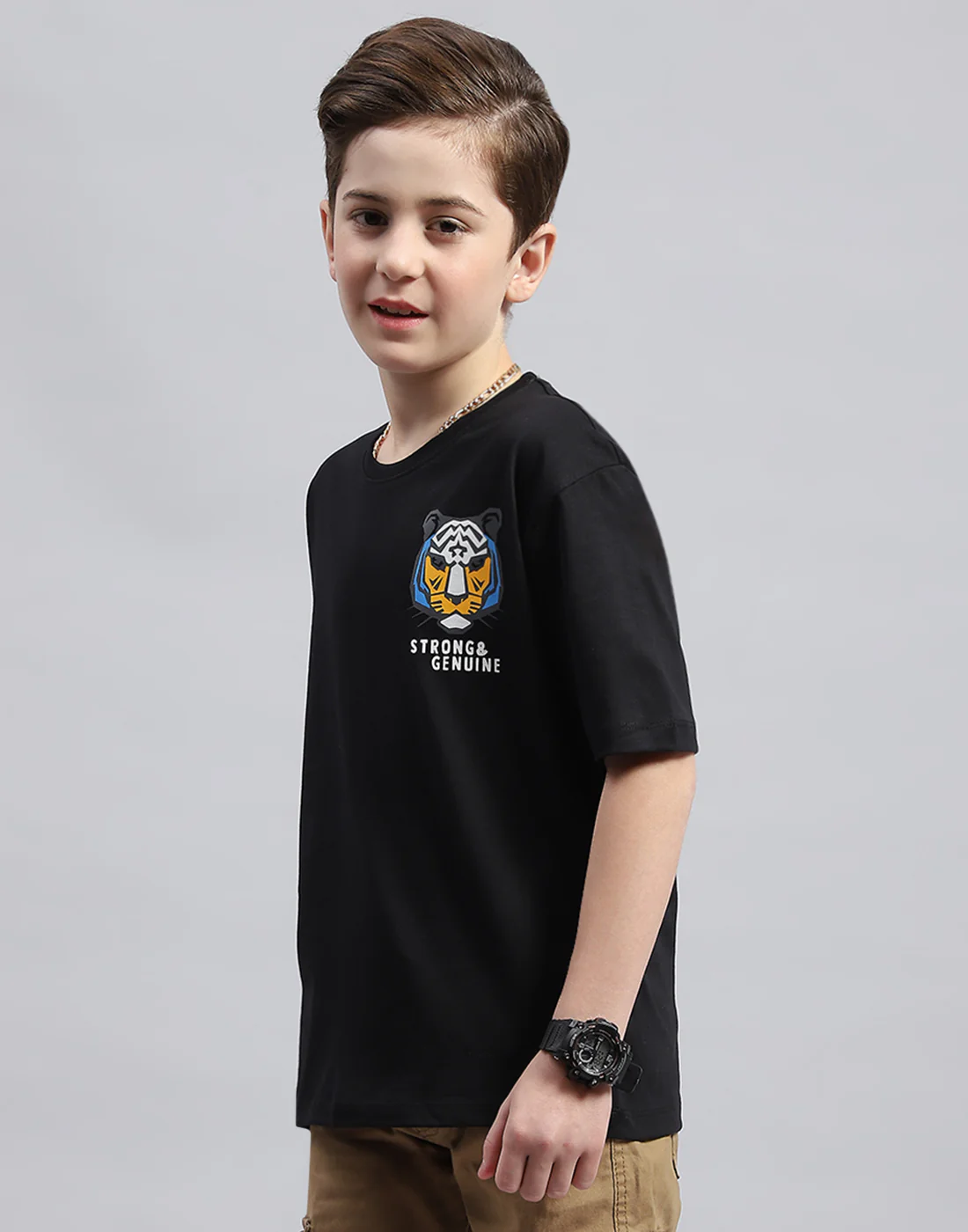 Boys Black Printed Round Neck Half Sleeve T-Shirt - Image 3