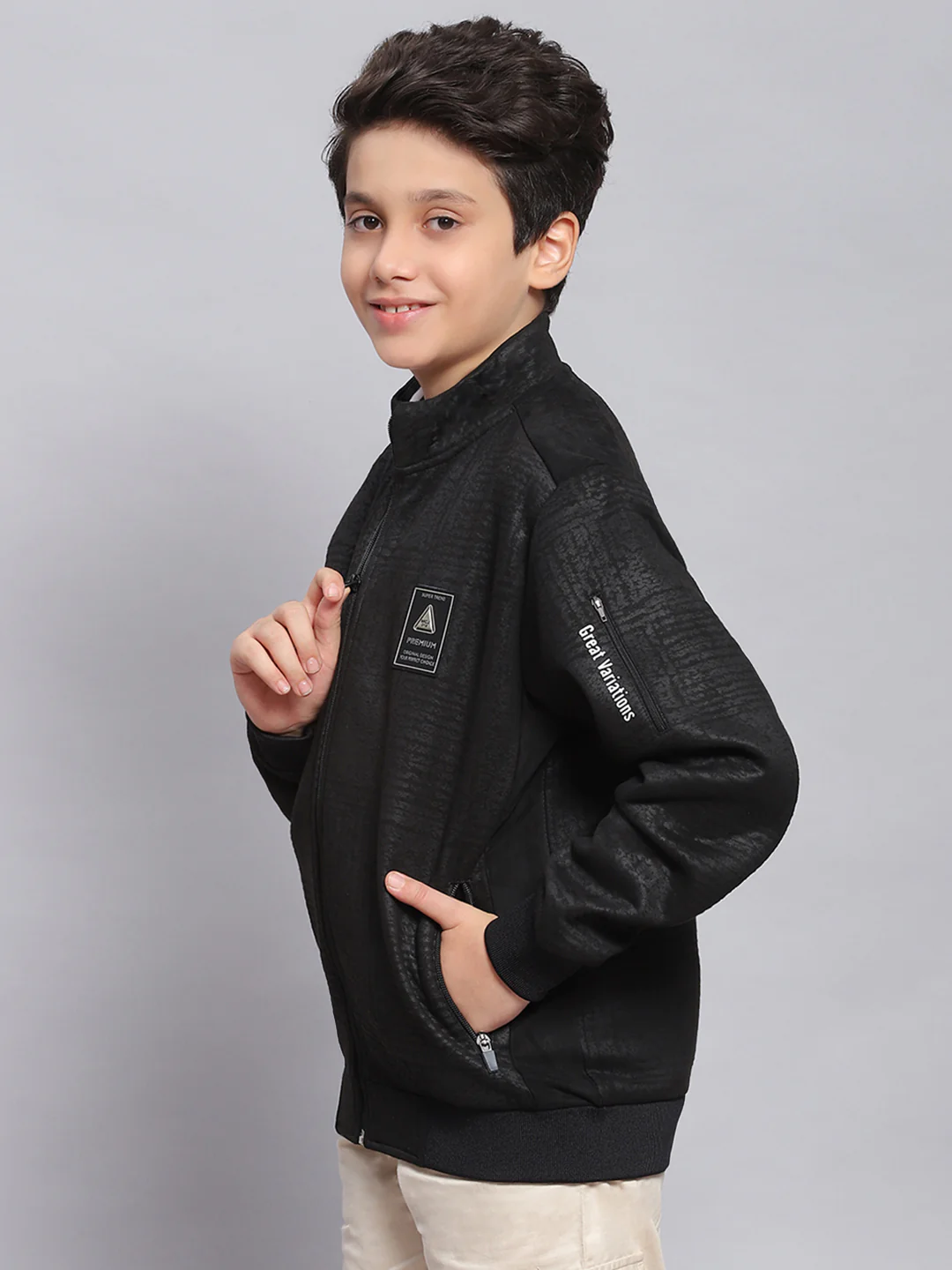 Boys Black Printed Stand Collar Full Sleeve Sweatshirt - Image 3