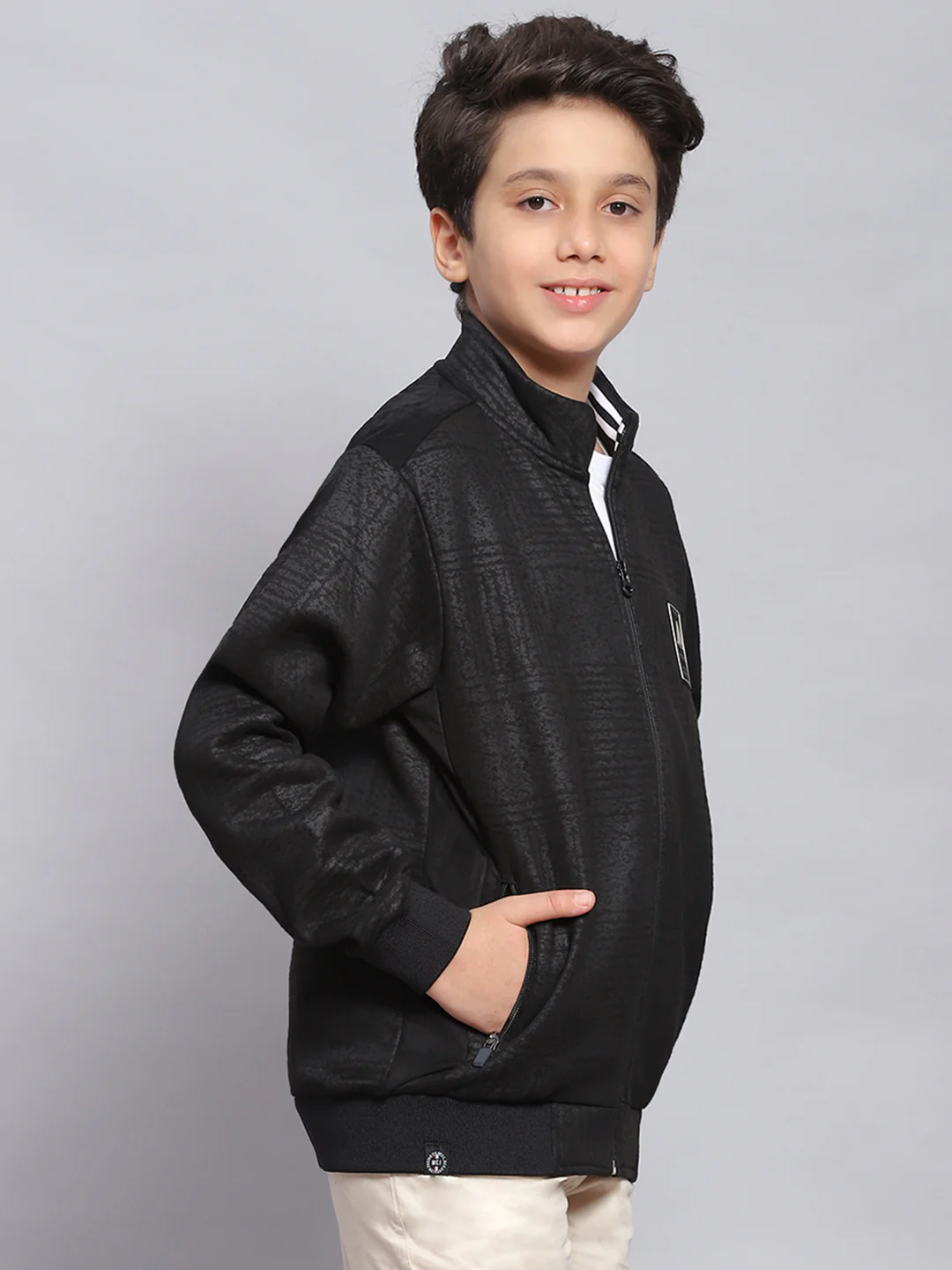 Boys Black Printed Stand Collar Full Sleeve Sweatshirt - Image 4