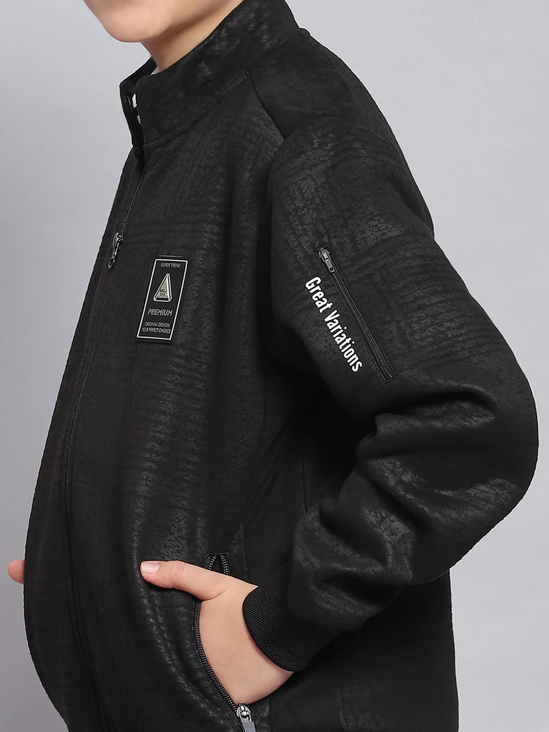 Boys Black Printed Stand Collar Full Sleeve Sweatshirt - Image 6