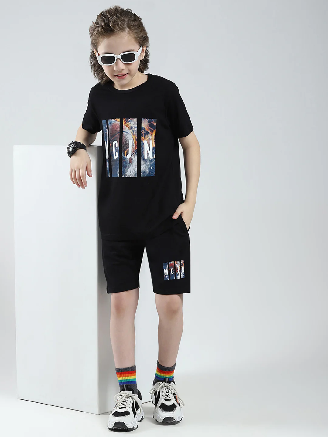 Boys Black Printed Round Neck Half Sleeve Bermuda Set - Image 2