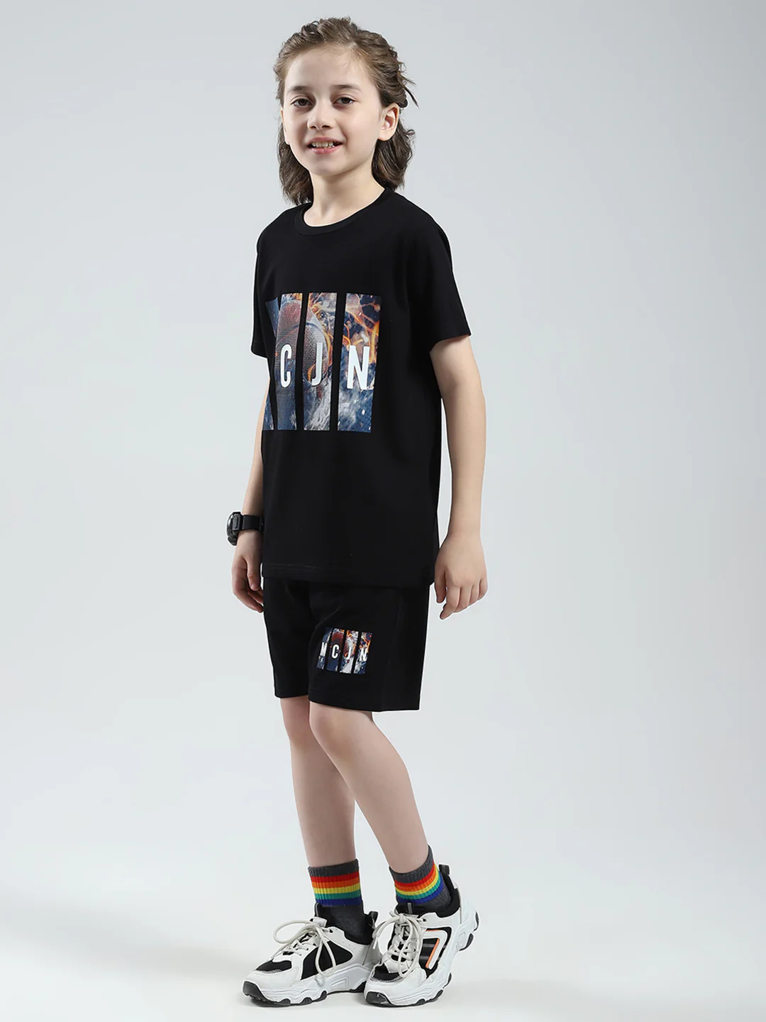 Boys Black Printed Round Neck Half Sleeve Bermuda Set - Image 3