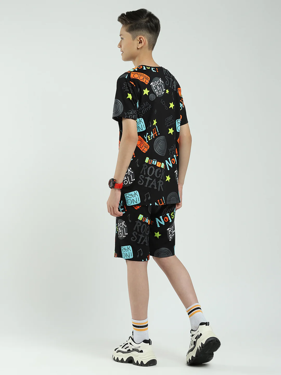 Boys Black Printed Round Neck Half Sleeve Bermuda Set - Image 5