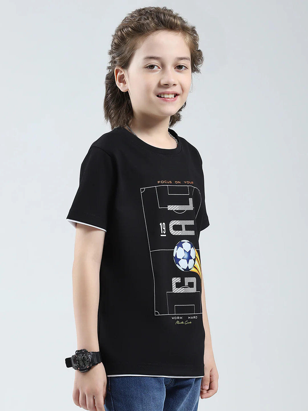 Boys Black Printed Round Neck Half Sleeve T-Shirt - Image 4