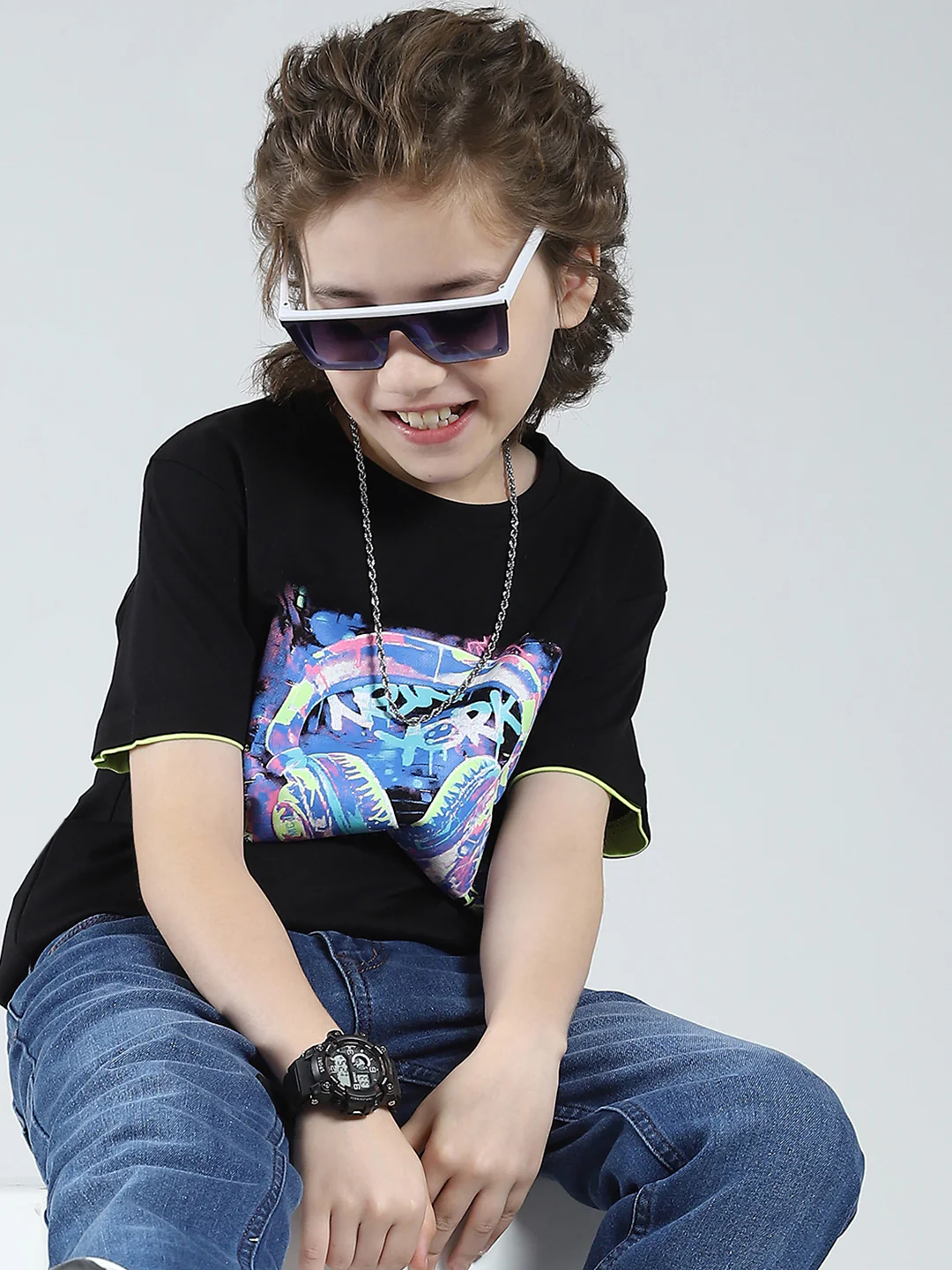 Boys Black Printed Round Neck Half Sleeve T-Shirt - Image 6
