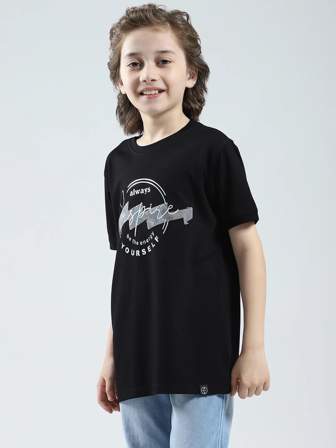 Boys Black Printed Round Neck Half Sleeve T-Shirt - Image 3