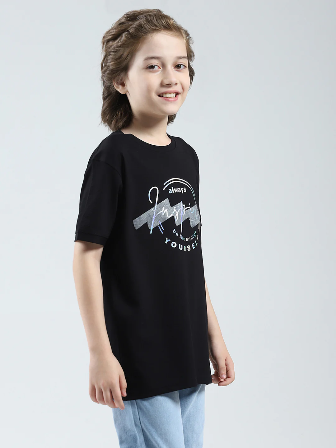 Boys Black Printed Round Neck Half Sleeve T-Shirt - Image 4