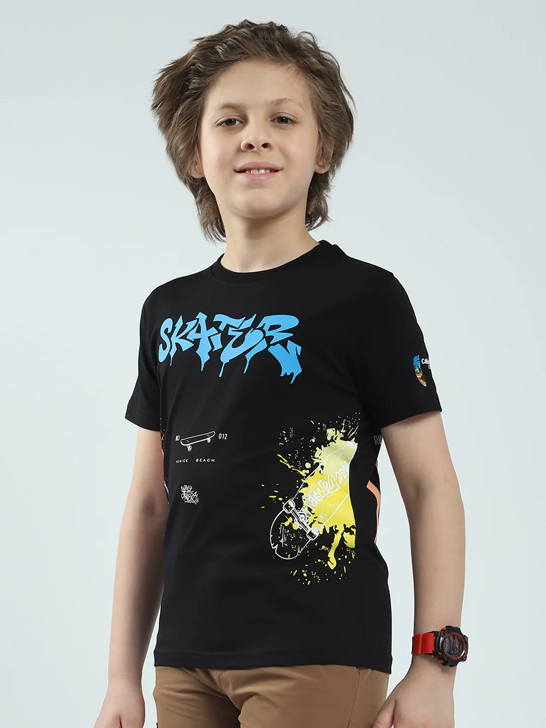Boys Black Printed Round Neck Half Sleeve T-Shirt - Image 3