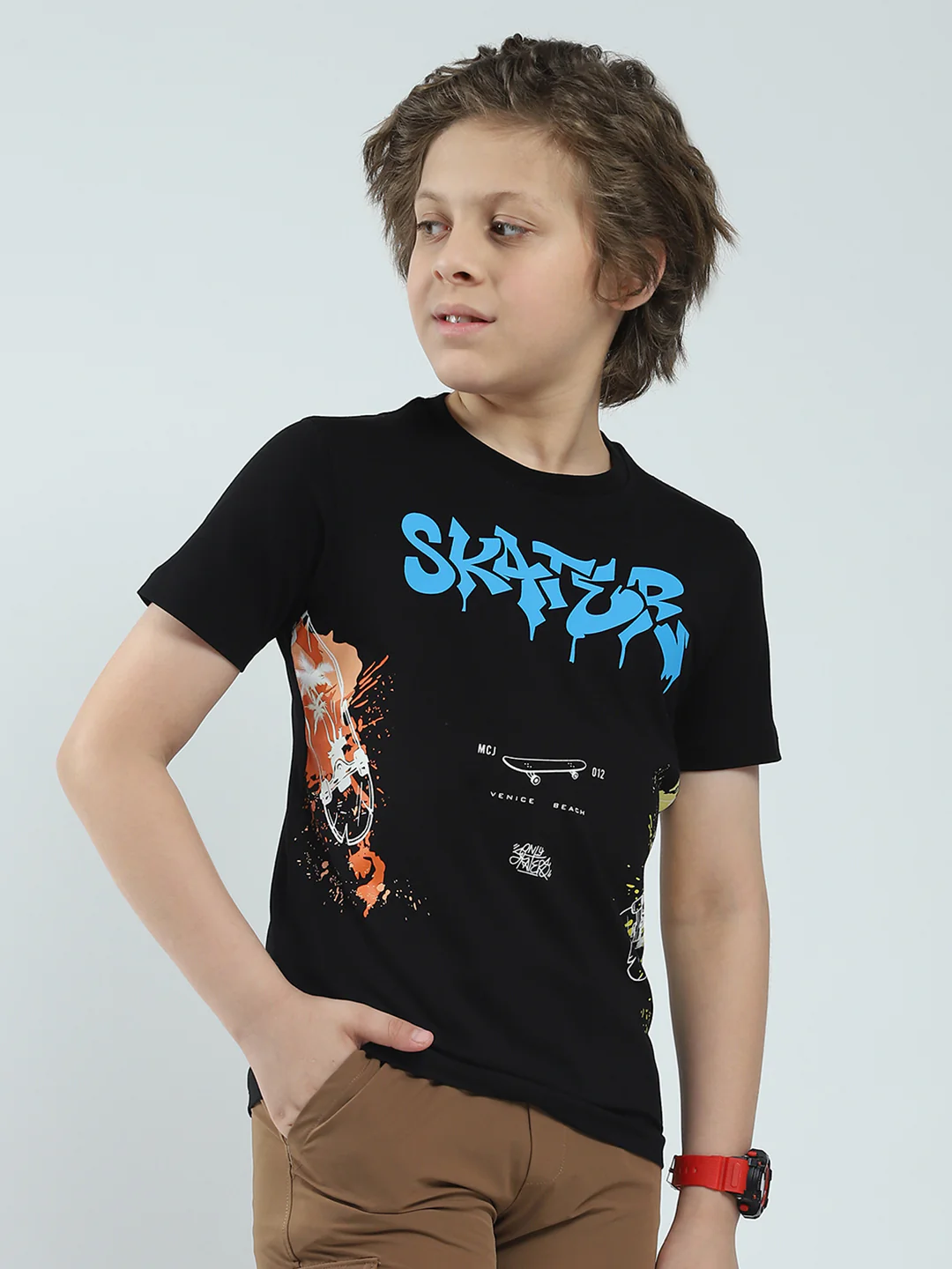 Boys Black Printed Round Neck Half Sleeve T-Shirt - Image 4