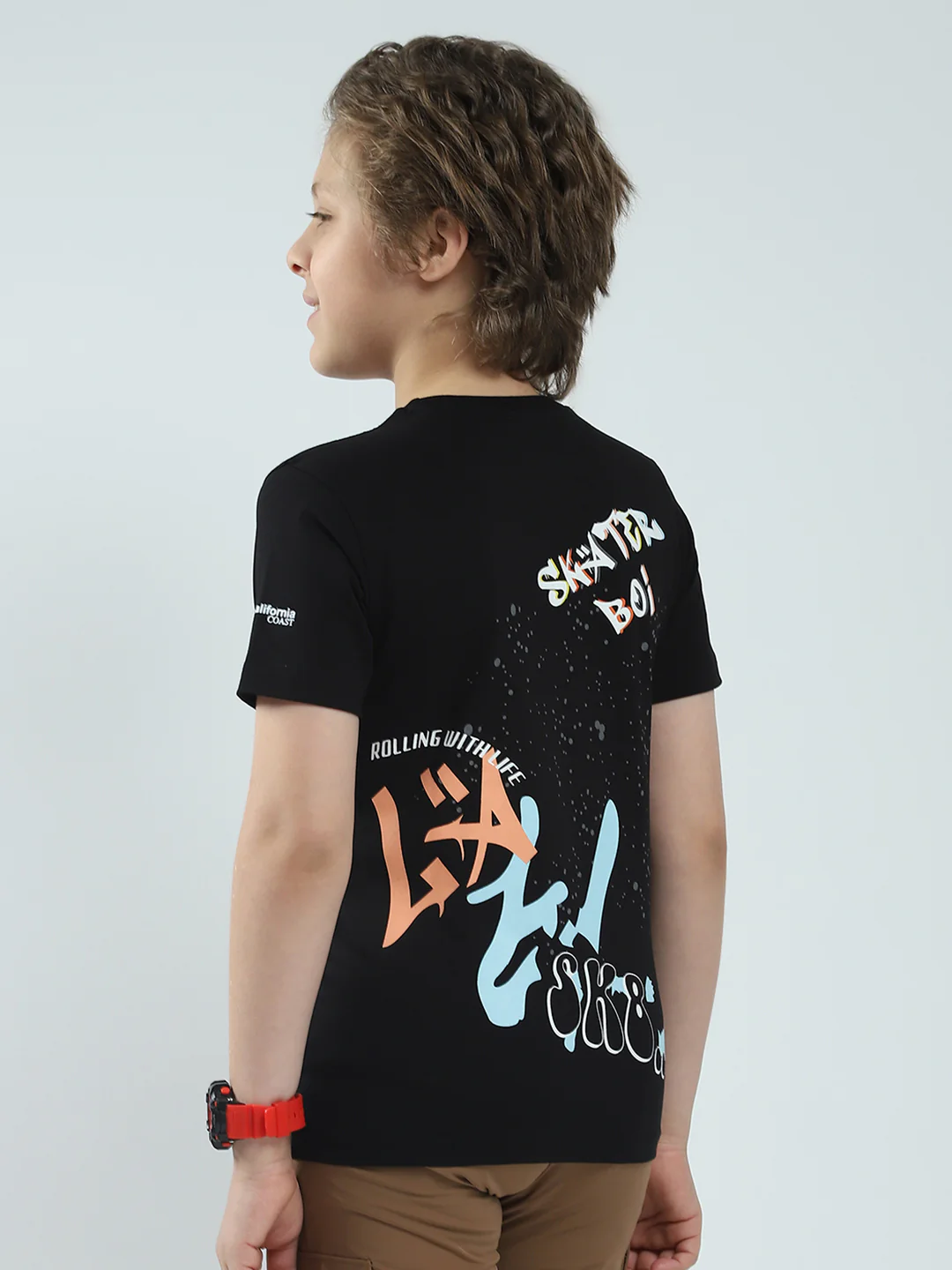 Boys Black Printed Round Neck Half Sleeve T-Shirt - Image 5