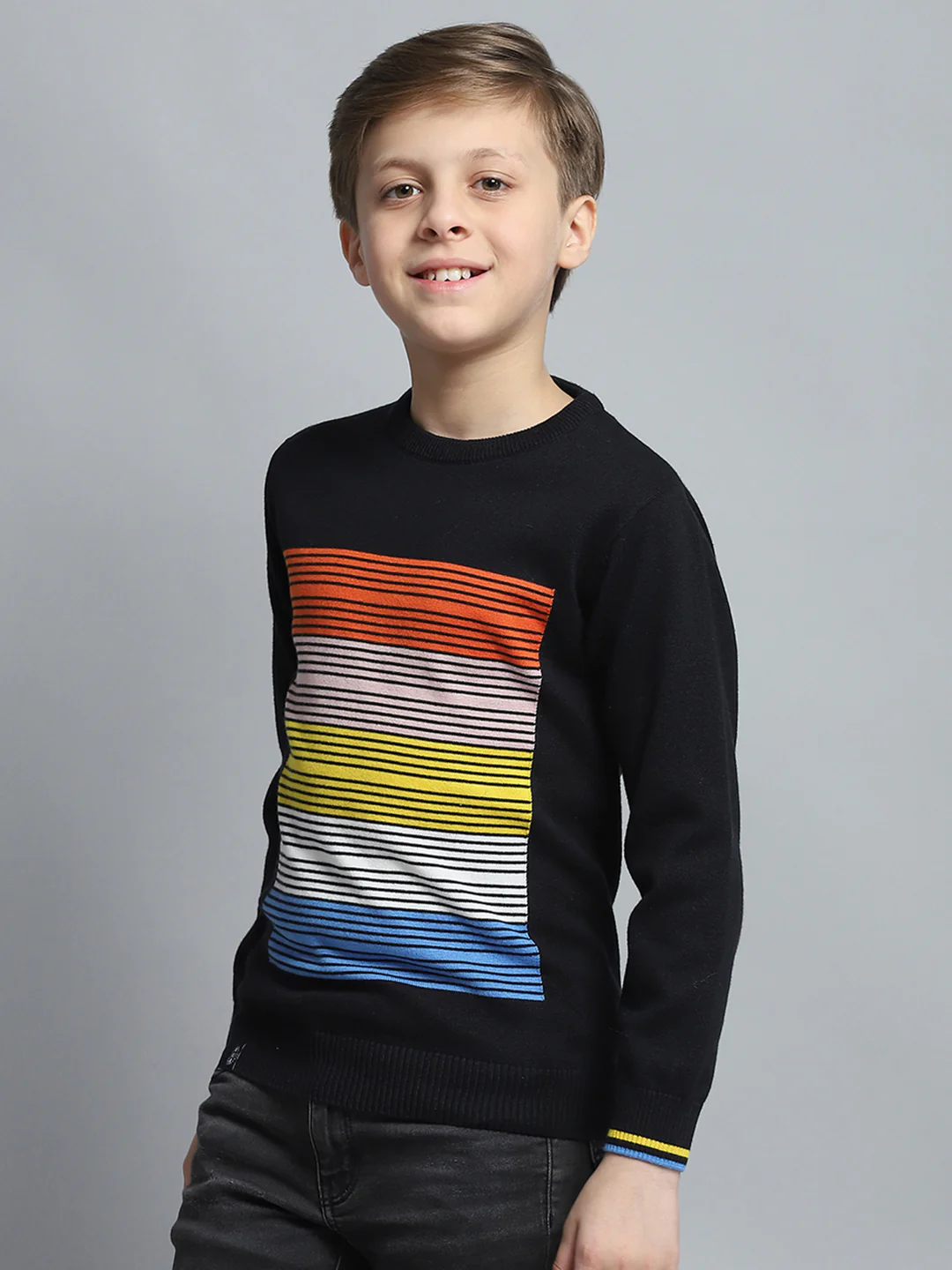 Boys Black Self Design Round Neck Full Sleeve Pullover - Image 3