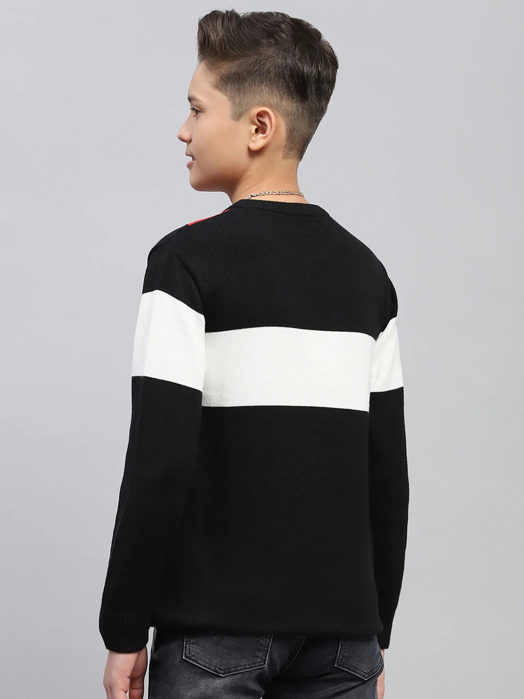 Boys Black Self Design Round Neck Full Sleeve Pullover - Image 5