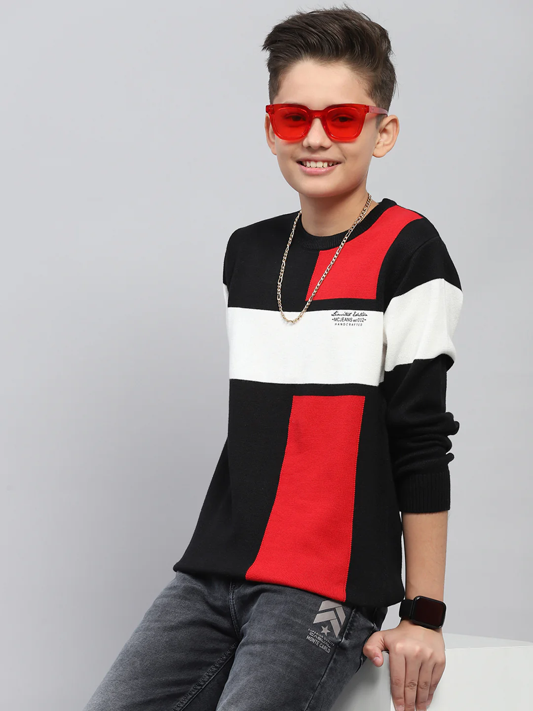 Boys Black Self Design Round Neck Full Sleeve Pullover - Image 7